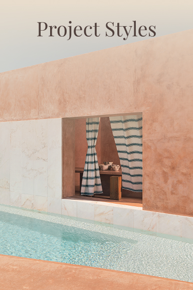 Outdoor space with swimming pool and earthy-toned Mediterranean-style architecture